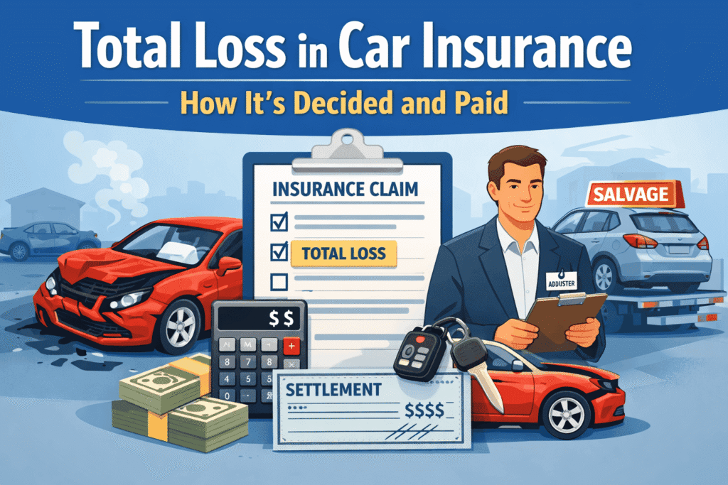 Claims adjuster reviewing damage photos beside a heavily damaged car after an accident on a clean white background