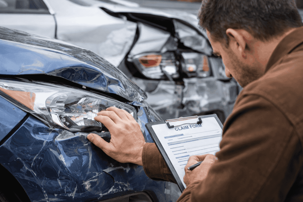 Driver reviewing damage to a parked car after an uninsured motorist accident
