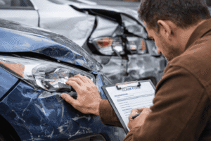 Driver reviewing damage to a parked car after an uninsured motorist accident