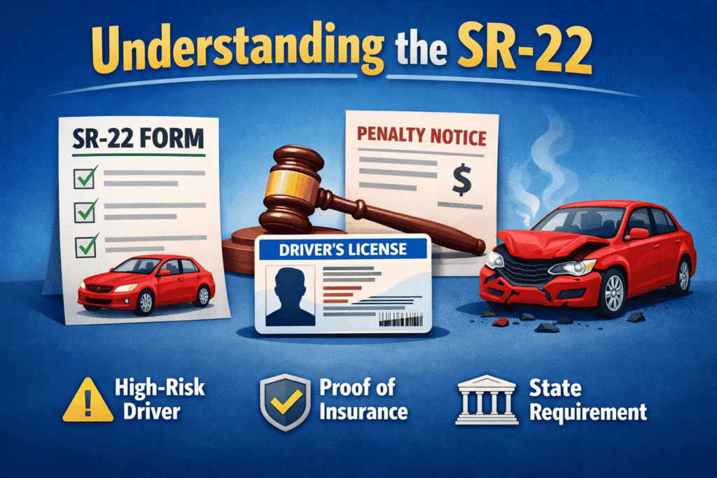 SR-22 filing illustration with a driver’s license, penalty notice, insurance form, and damaged car