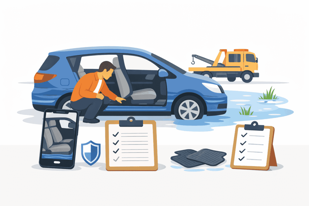 Driver inspecting a flood-damaged car with wet interior, taking photos for an insurance claim beside standing water