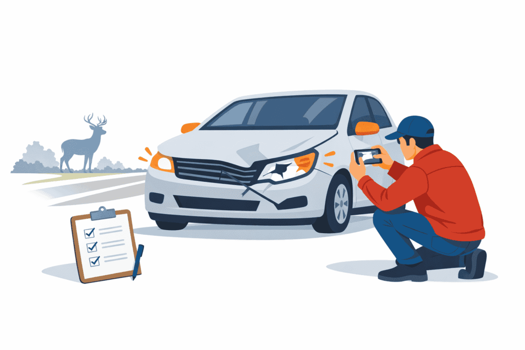 Driver taking photos of front-end deer-strike damage on a car stopped safely at the roadside at dusk.