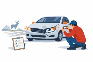 Driver taking photos of front-end deer-strike damage on a car stopped safely at the roadside at dusk.