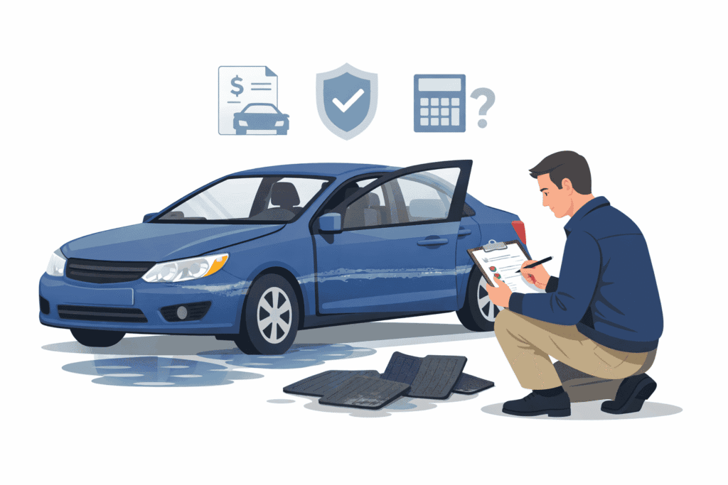 Flood-damaged car being inspected for an insurance total-loss decision, with water line marks, wet interior, and a claims checklist on a clean white background.