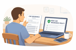 Driver comparing a current car insurance policy with a new policy offer on a laptop at a desk