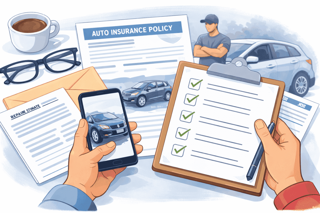 Illustration of an auto insurance policy, repair estimate, and checklist with a car and driver in the background.