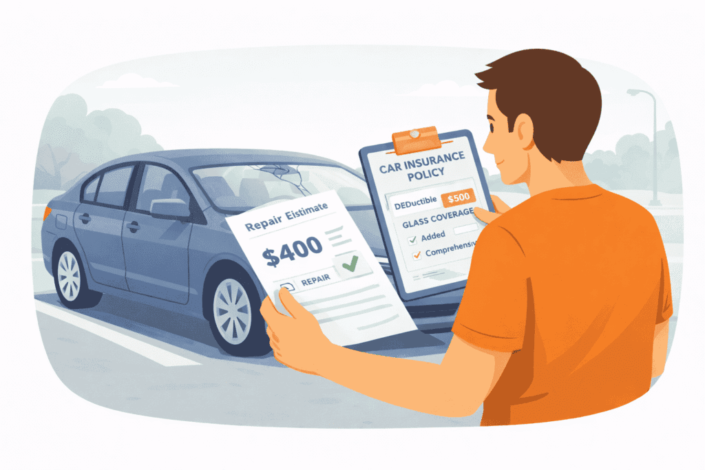 Driver comparing windshield repair options and policy details beside a car with cracked glass