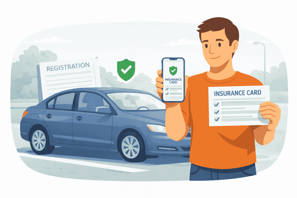 Driver showing proof of insurance on a smartphone while holding a paper insurance card beside a car