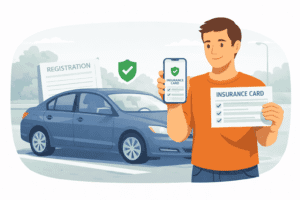 Driver showing proof of insurance on a smartphone while holding a paper insurance card beside a car