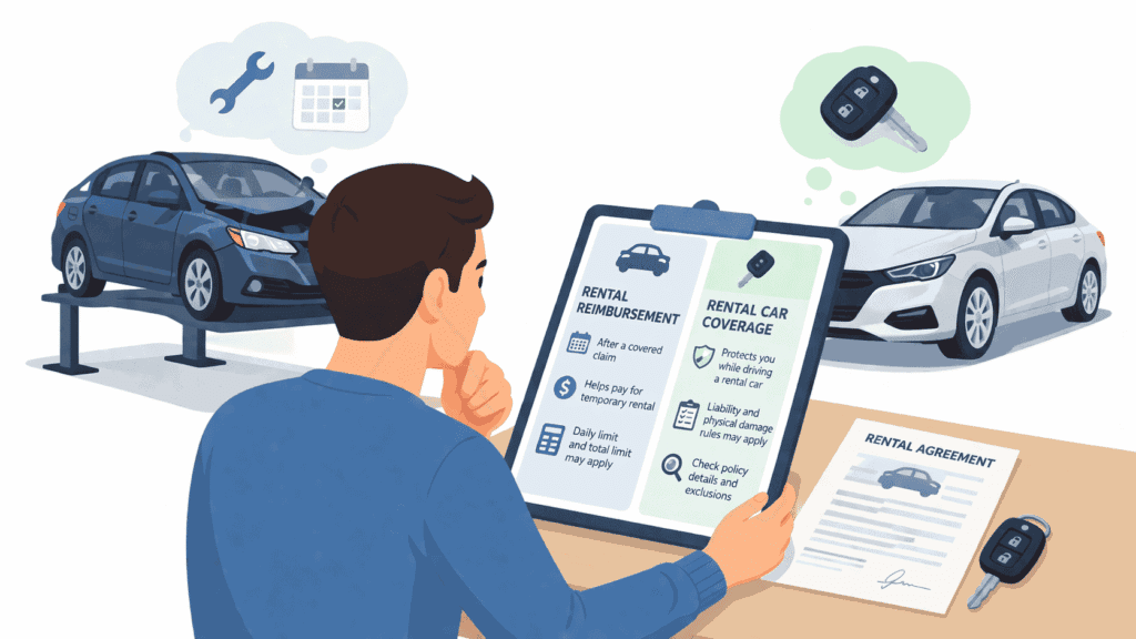 Driver comparing rental reimbursement and rental car coverage on a clipboard and tablet, with a damaged car being repaired and a rental car nearby