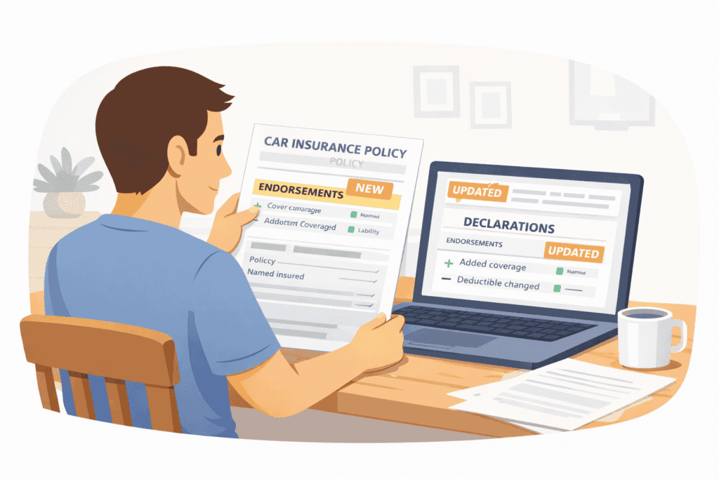 Driver reviewing an updated car insurance policy with a new endorsement and revised declarations page on a laptop