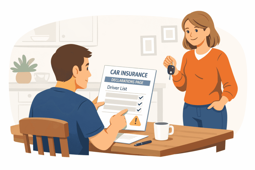 Policyholder reviewing a car insurance declarations page with another household driver nearby