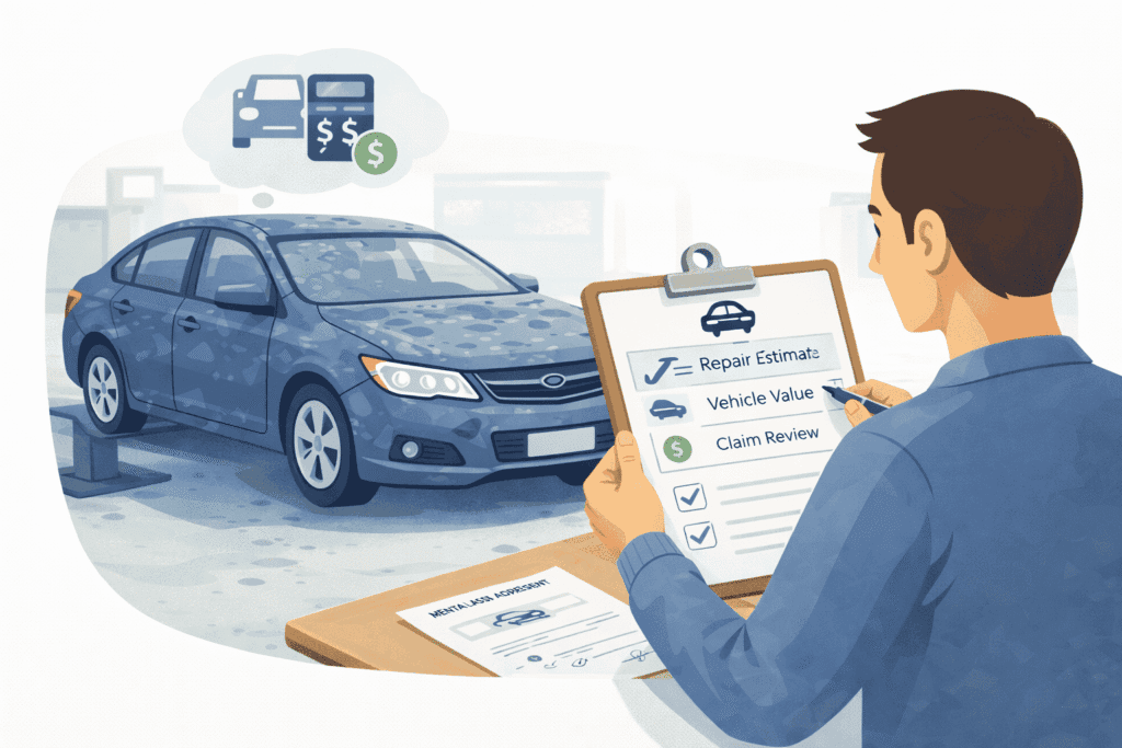 Hail-damaged car being inspected for a possible total-loss insurance decision