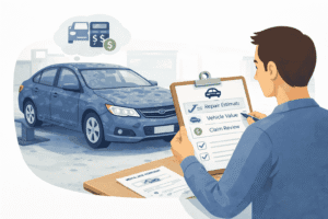 Hail-damaged car being inspected for a possible total-loss insurance decision