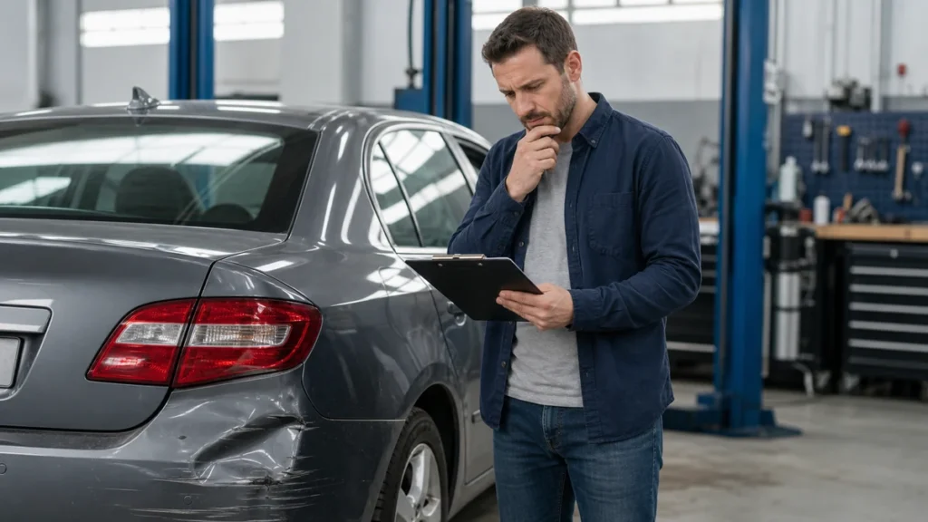 Driver reviewing an estimate when car damage costs less than the insurance deductible