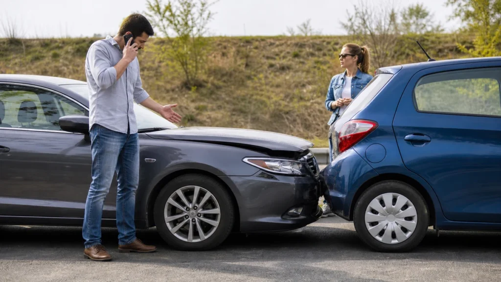 Driver reviewing insurance options after another vehicle caused a minor accident.