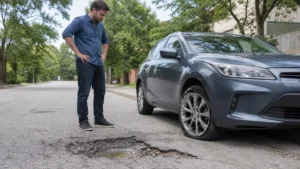 Driver inspecting a damaged front wheel after stopping near a pothole in the road.