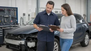 Repair shop representative and driver comparing estimates beside a partially disassembled car.