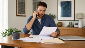 Driver calling an insurer while reviewing car insurance claim documents at home.