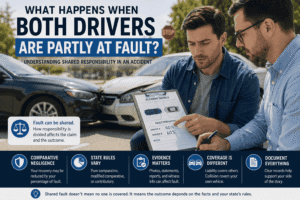 Two drivers reviewing accident details after both were partly at fault