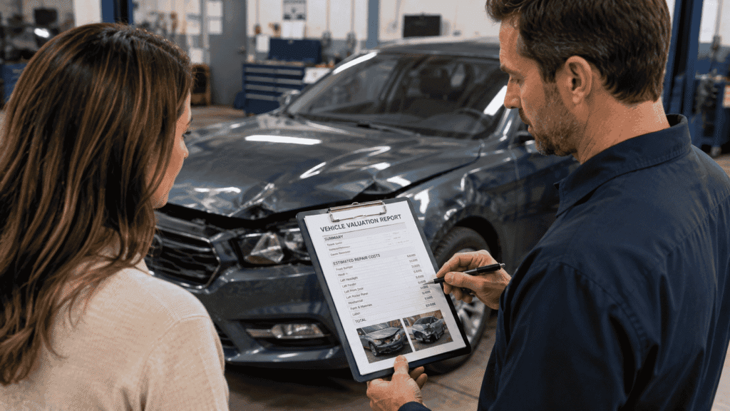 Driver and auto appraiser reviewing a vehicle valuation after an insurance claim