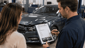 Driver and auto appraiser reviewing a vehicle valuation after an insurance claim