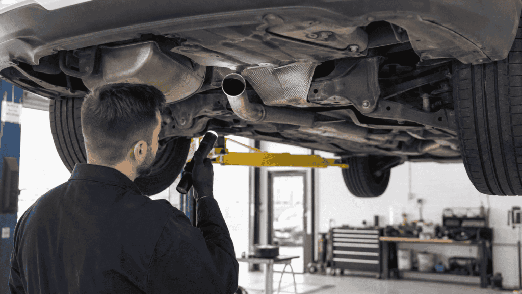 Mechanic inspecting the underside of a car after catalytic converter theft