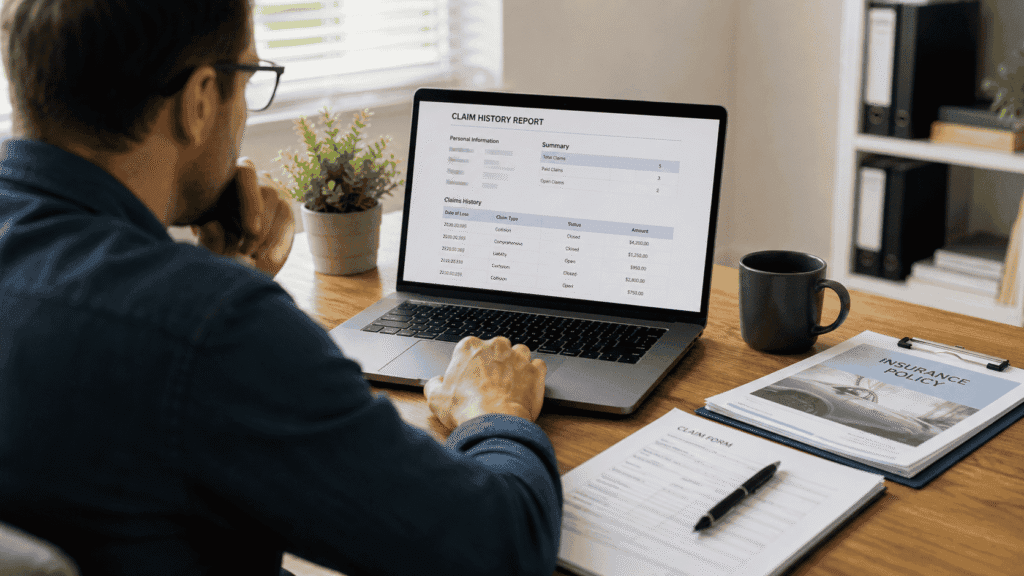 Driver reviewing a CLUE report and car insurance claim history on a laptop