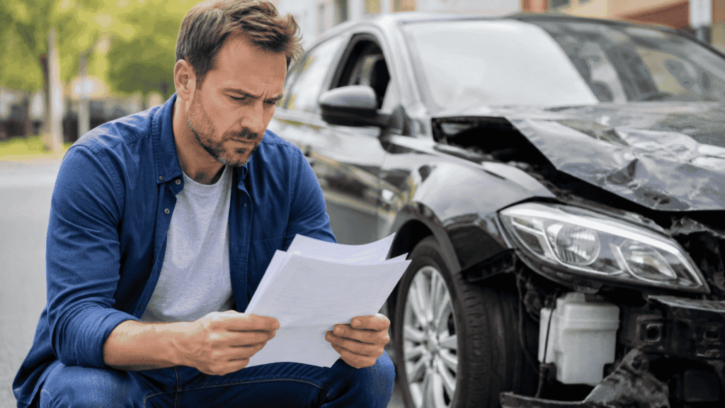 Car owner reviewing total loss settlement paperwork beside a damaged vehicle