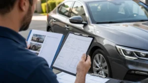 Driver comparing repair records and vehicle value after a car accident.