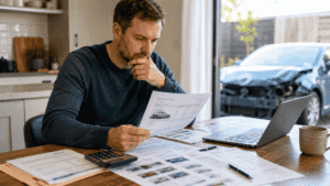 Car owner reviewing a total loss valuation report and vehicle records