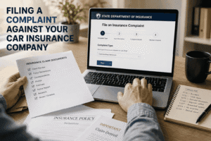 Driver organizing claim documents before filing an insurance complaint online