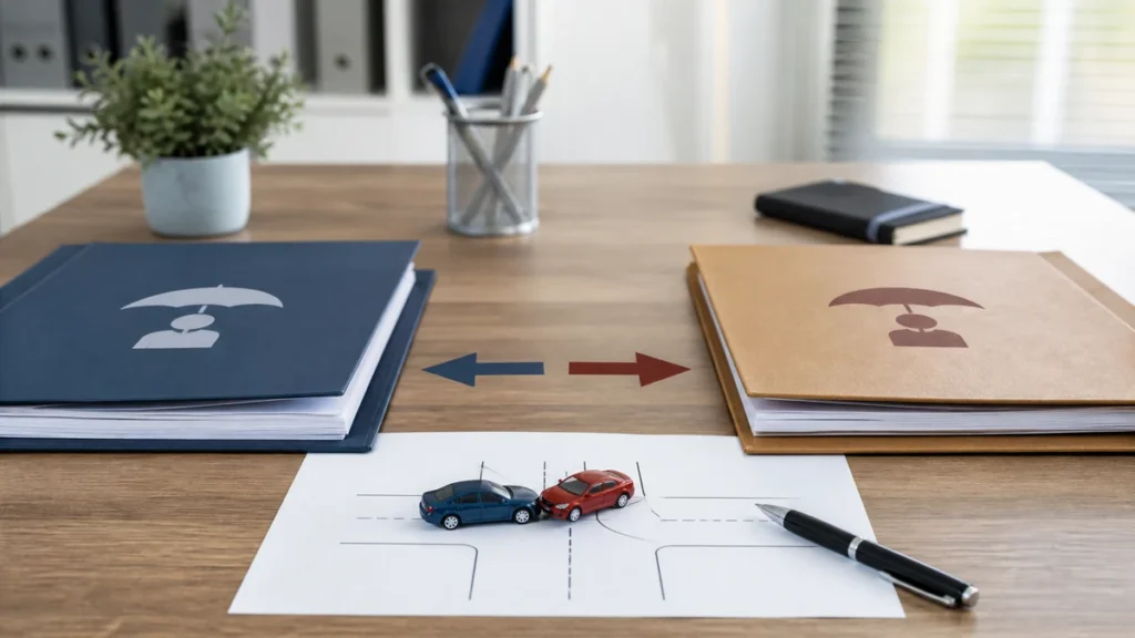 Two claim folders and a small car accident diagram comparing first-party and third-party insurance claims.