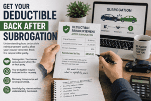 Driver reviewing deductible reimbursement paperwork after insurance subrogation