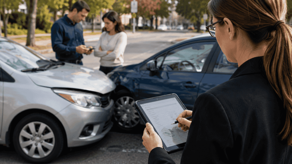 Insurance adjuster reviewing evidence to determine fault after a car accident