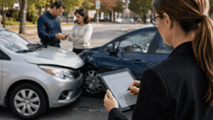 Insurance adjuster reviewing evidence to determine fault after a car accident