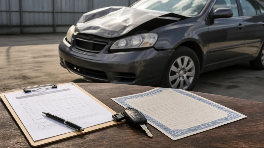 Damaged car with keys, claim paperwork, and salvage title documents after a total loss.