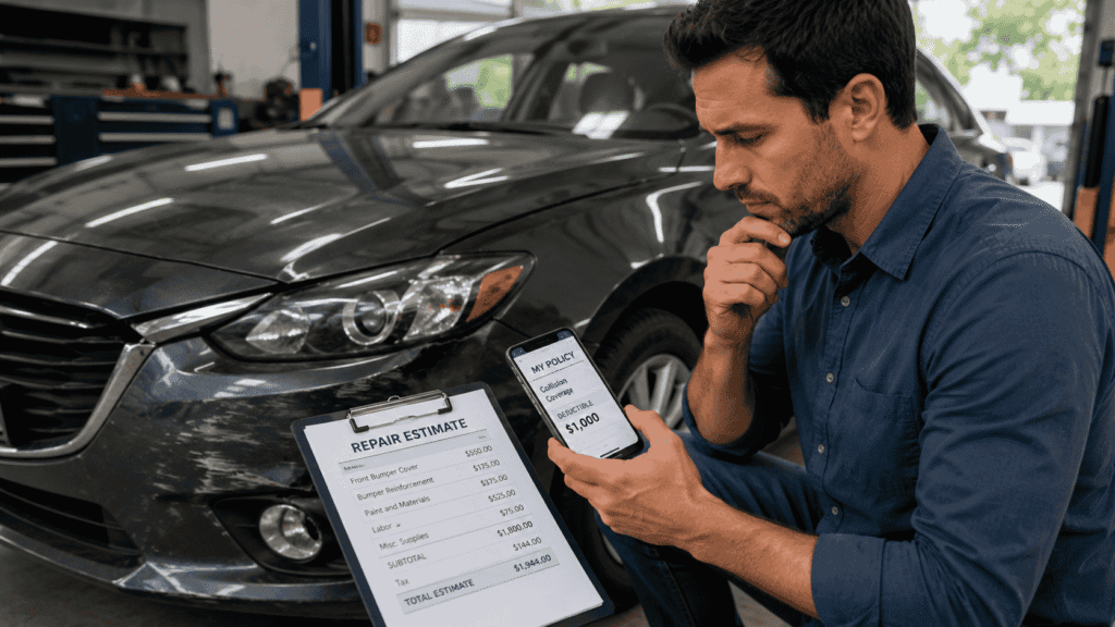 Driver comparing repair costs before deciding whether to file a car insurance claim
