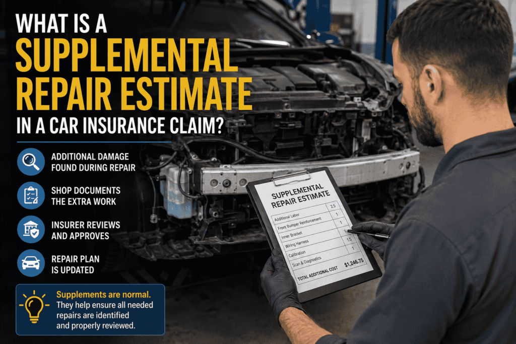 Repair shop technician documenting hidden vehicle damage for an insurance supplement