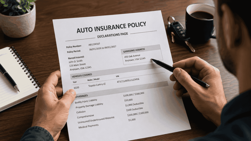 Driver reviewing a car insurance policy with the garaging address highlighted