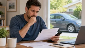 Driver reviewing a late car insurance payment notice beside a parked car
