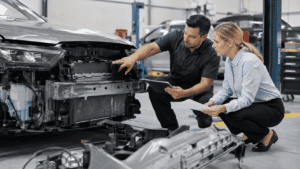 Technician and adjuster reviewing hidden vehicle damage after repairs have started