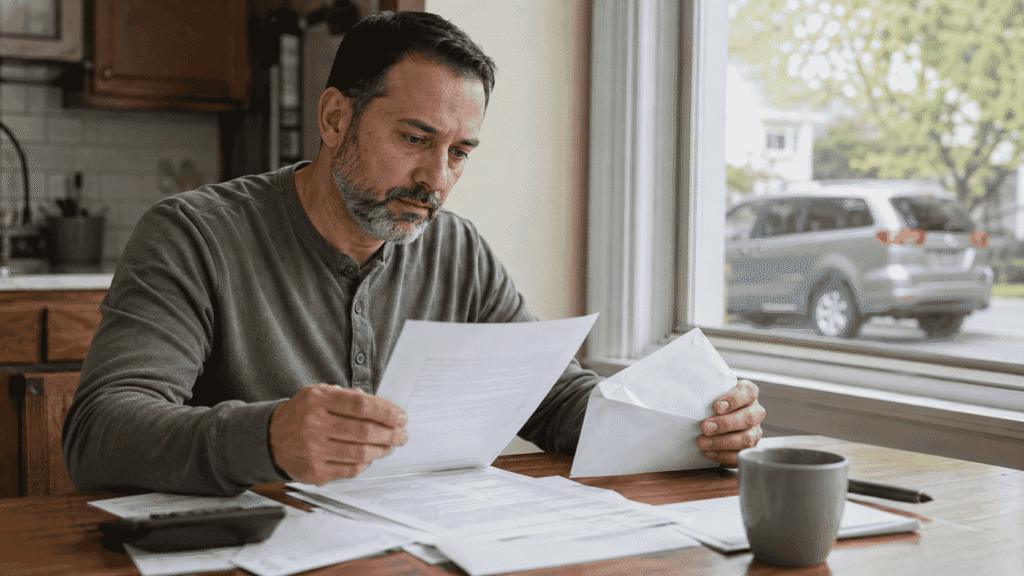 Car owner reviewing claim payment paperwork at a kitchen table with a vehicle outside