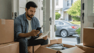 Driver reviewing car insurance information beside moving boxes with a car outside