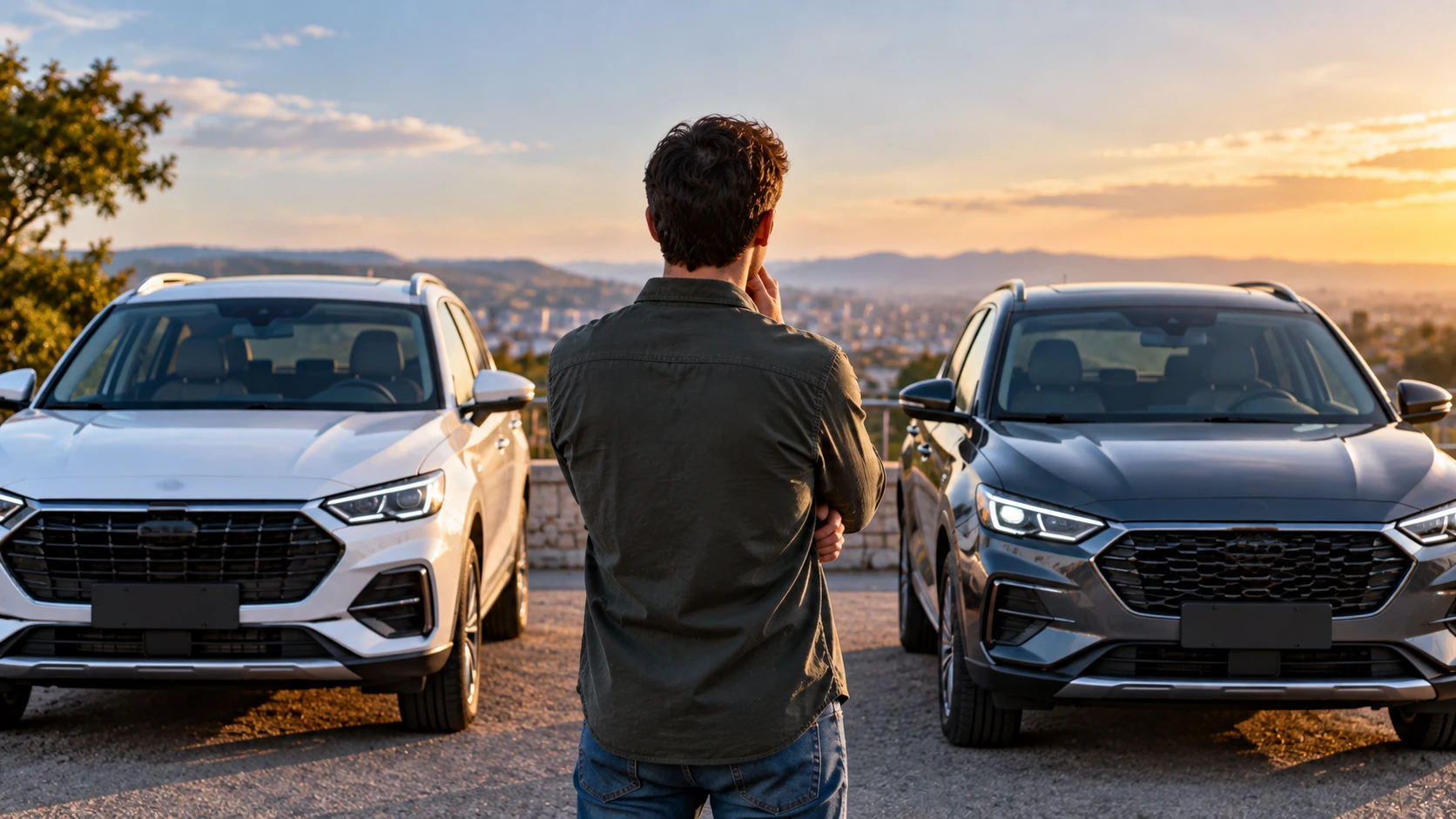 Driver comparing two vehicles before reviewing car insurance options