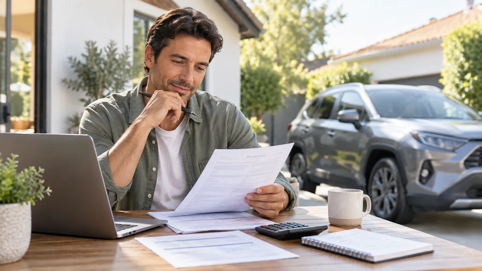 Driver comparing car insurance costs and deductible options on a phone beside a parked vehicle