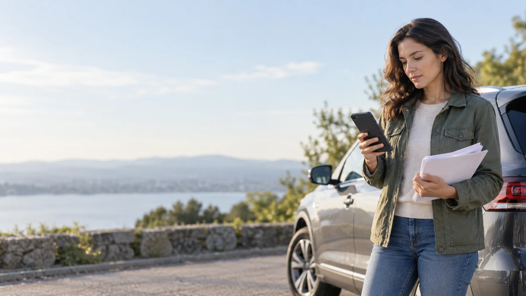 Driver reviewing car insurance coverage and claim information beside a parked vehicle