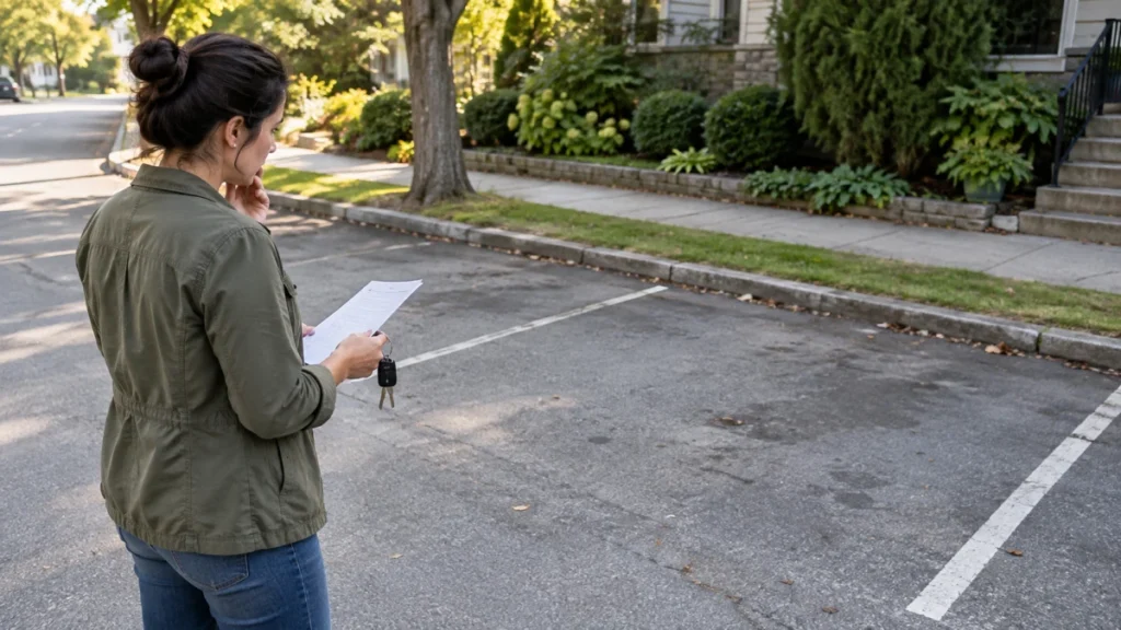 Driver reviewing a stolen car insurance deductible claim beside an empty parking space