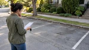 Driver reviewing a stolen car insurance deductible claim beside an empty parking space