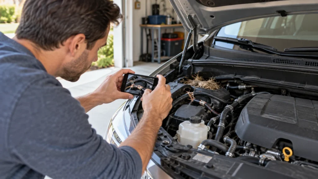 Driver photographing rodent damage and nesting debris under an open car hood